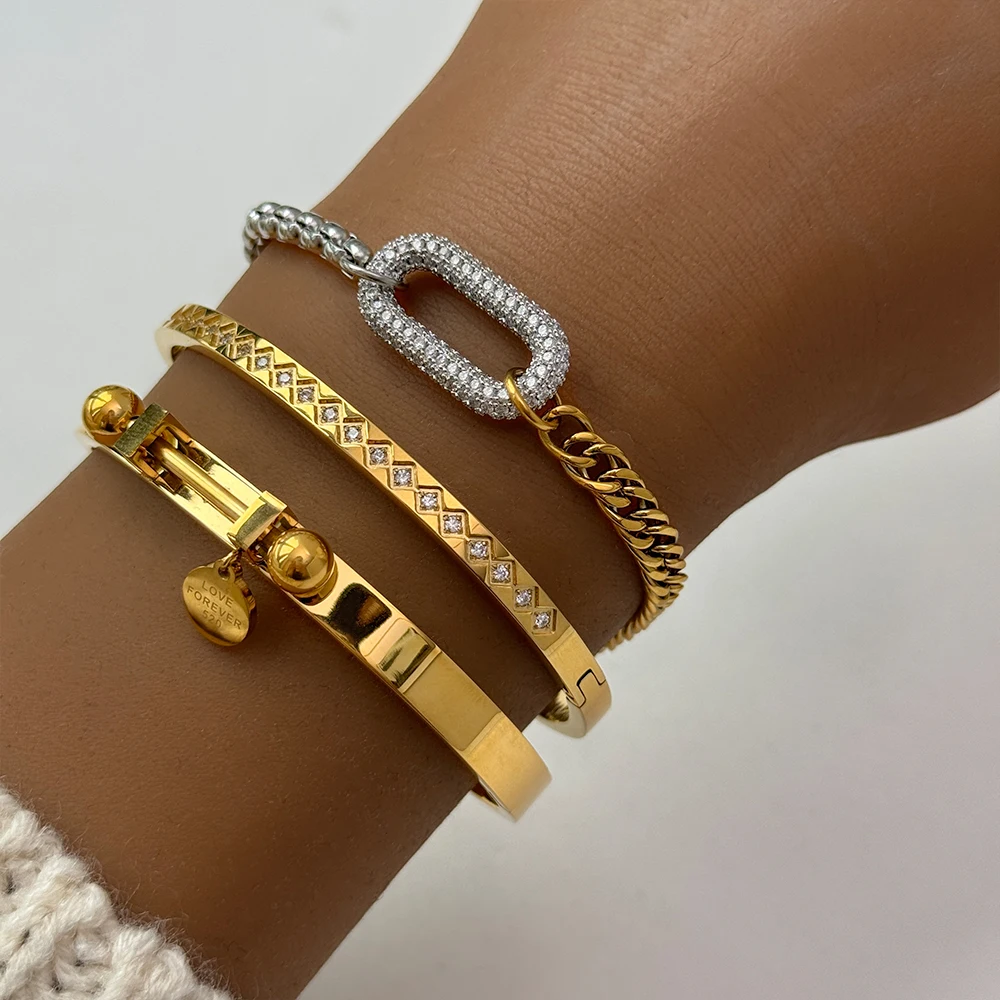 New ins Stainless Steel Two Tone Splicing Chain Zircon Bracelet For Women Vintage Micro Inlaid Zircon Bracelets Fashion Jewelry