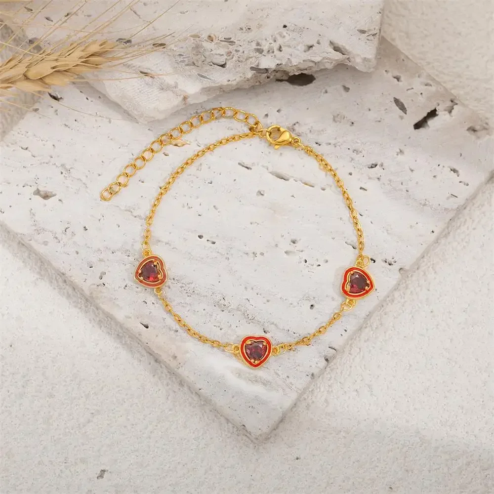 

New Fashion Red Love Heart Zircon Women's Bracelet Minimalist 18K Gold Color Plated Stackable Link Bracelet Trendy Jewelry Gift