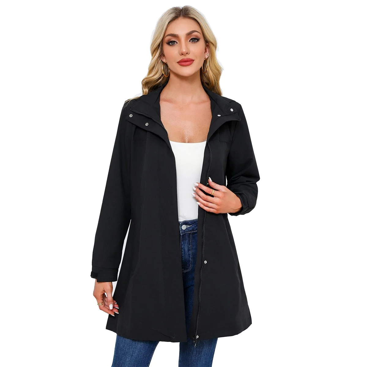 Women's Detachable Hood Windbreaker Coat Zip Up Turn Down Collar Long Sleeve Pockets Loose Fit Solid Color Casual Fall Outerwear