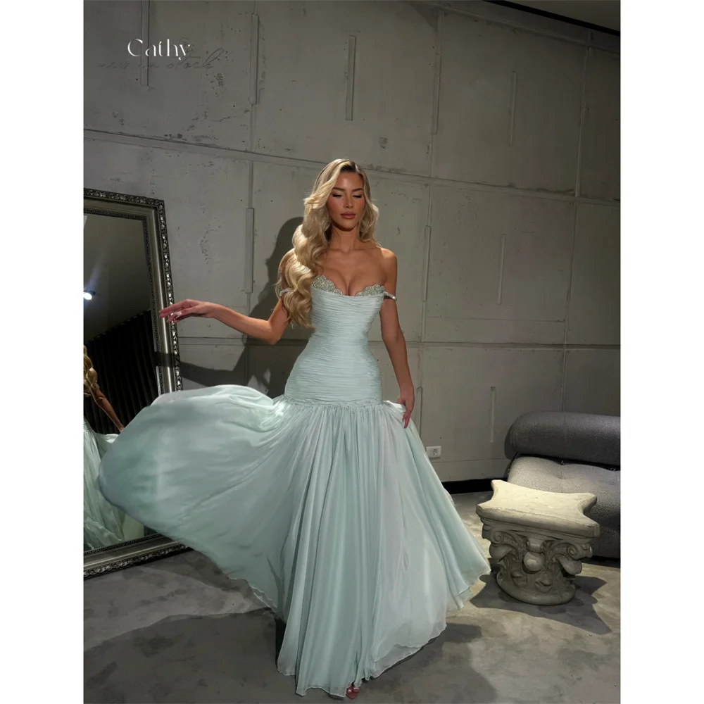 Cathy Customized Green Heart Neck Sheath Prom Dresses Spaghetti Strap Pleats vestidos de noiva Floor-length Formal Evening 2025