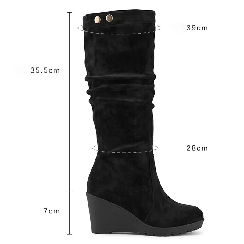 ORCHA LISA Women Knee High Boots Round Toe 7cm Wedges Heels Flock Suede Slip On Large Size 42 43 44 Long Botas Black Red Green
