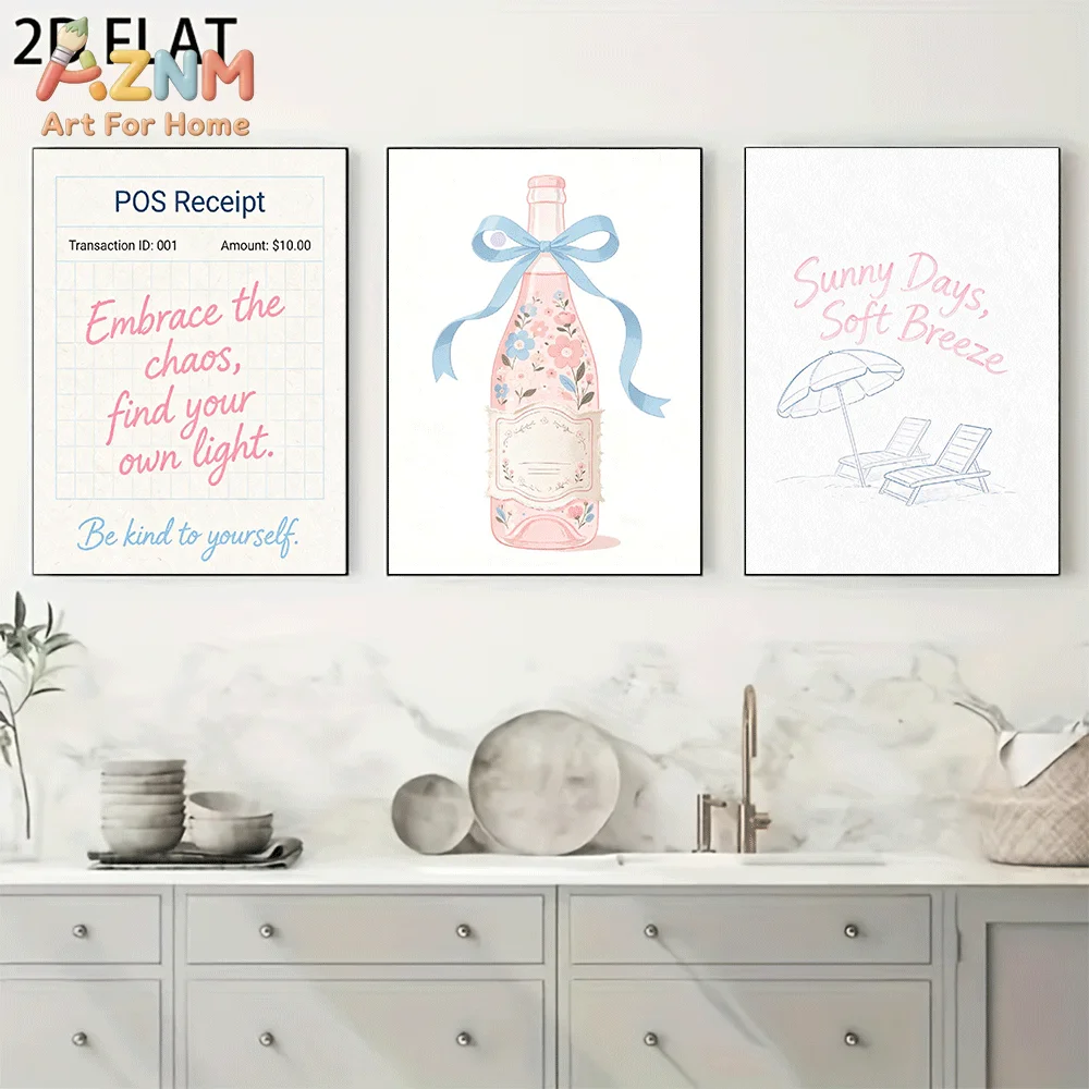 AZNM Frameless Canvas Wall Art, Coquette Pink Floral Bottle Beach Chair Quote Print, Soft Pastel Positive Text Wall Decor for Li