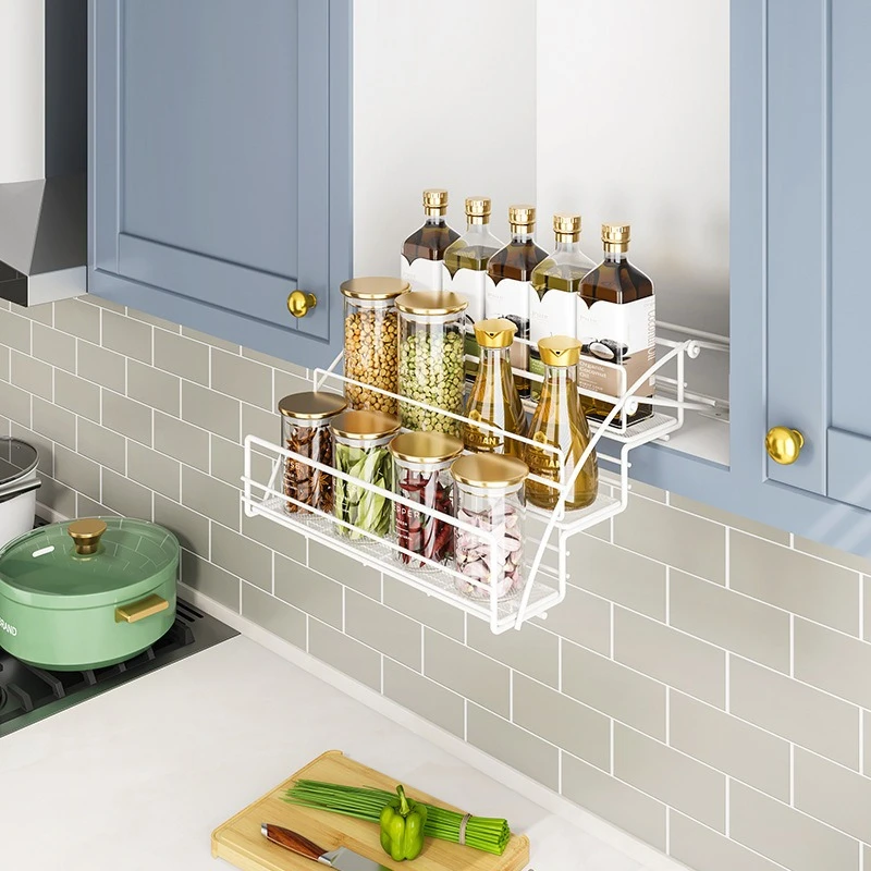 Kitche hanging cabinet lift basket drop-down rack upper and lower top cabinet seasoning telescopic door type cabinet pull basket
