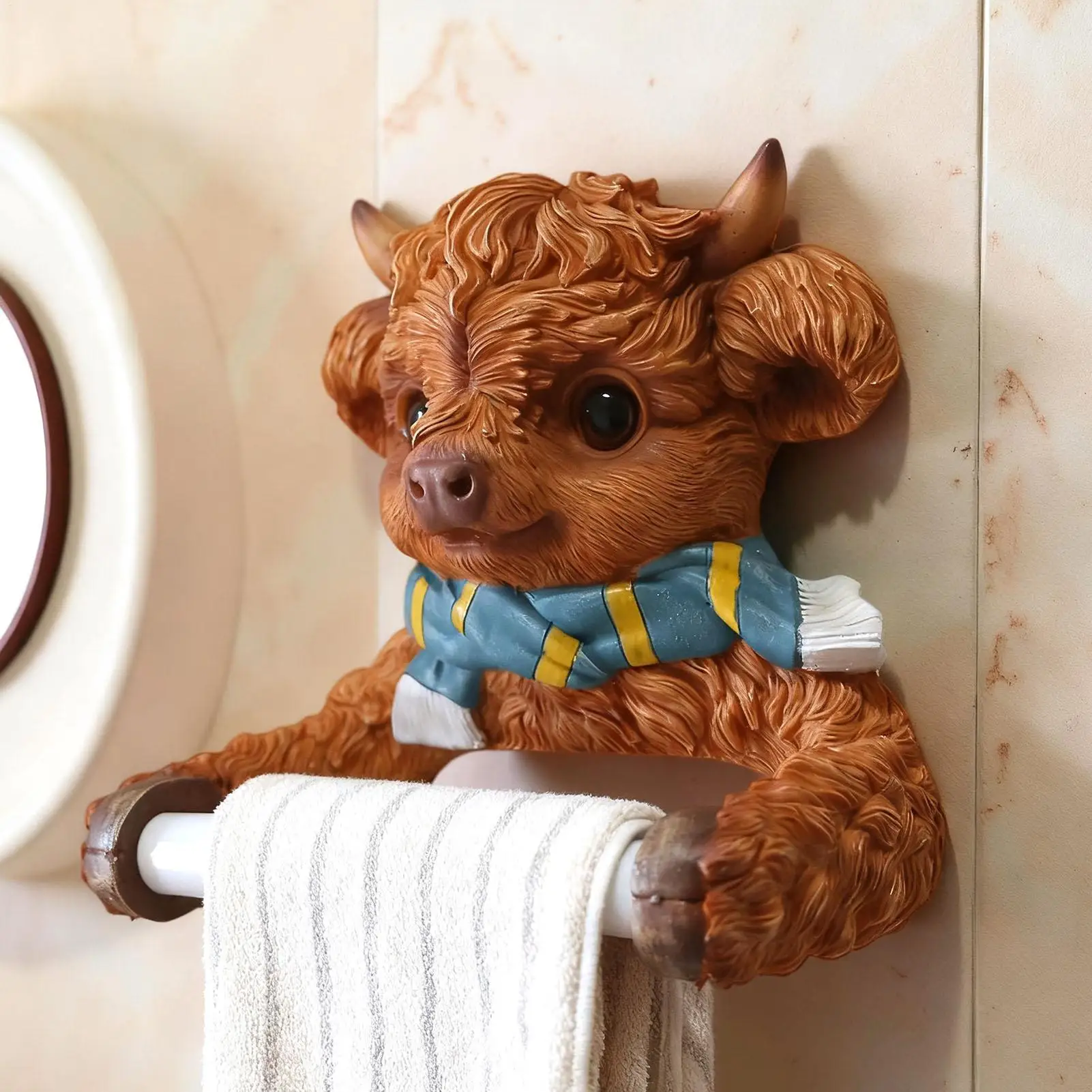 

Cute Highland Cow Wall Mounted Tissue Holder No-Drill Paper Towel Holder Organizer Bathroom Paper Towel Storage Dispenser