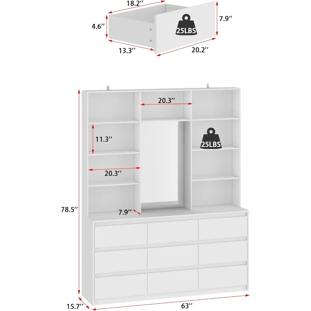 3-in-1 Display Cabinet with Dresser Displays Cabinet with 9 Drawers & 10 Open Shelves, Display Cabinets