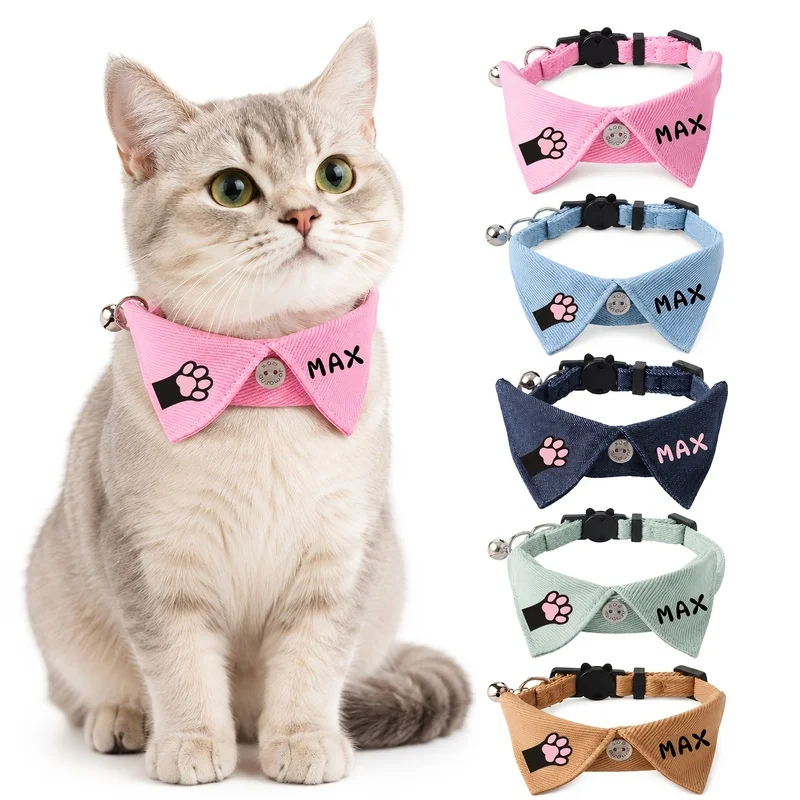Custom bow tie collar for cats, customizable with cat names and cute paw‑print vector graphics, suitable for both cats and dogs
