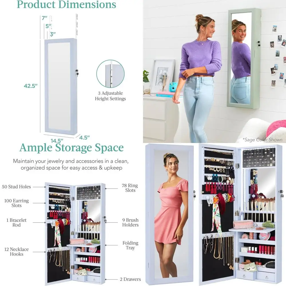 

Tall Lockable Wall-Mounted Jewelry Cabinet with Mirror, Drawers, Lock, Cosmetic Tray & Shelves in Powder Blue