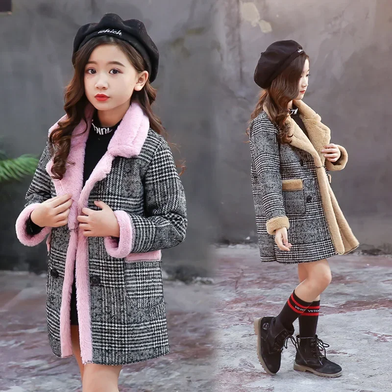 

Girls Suede Coat Girls Long Warm Plaid Woolen Coat Heavy Weiht Kids Plus Velvet Thicken Overcoat Child Wadded Jacket