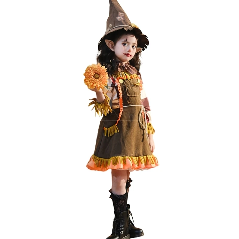 Halloween Fancy Dress Costume Scarecrow Hat Dress Fake Collar Rope Kids Girls