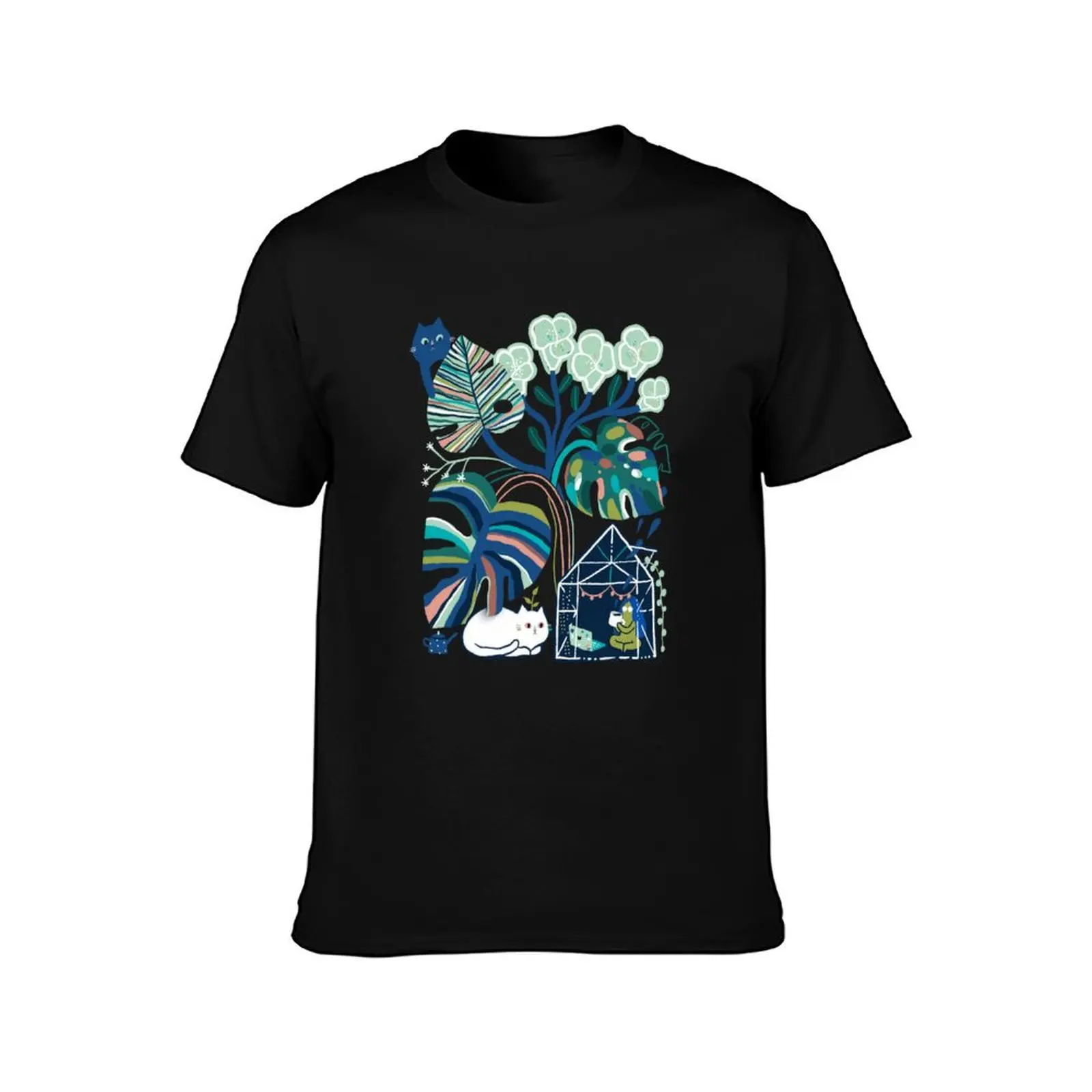 Monstera plant, green house, cats and a girl T-Shirt Simple Print Design T-Shirt