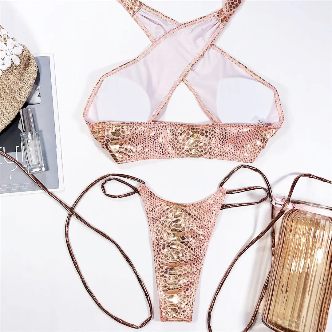 2026 Glänzender Neckholder-Tanga-Bikini Damen-Bademode Zweiteiliger Bikini-Set Wickel-Badeanzug Badebekleidung V2089 – Detail 15