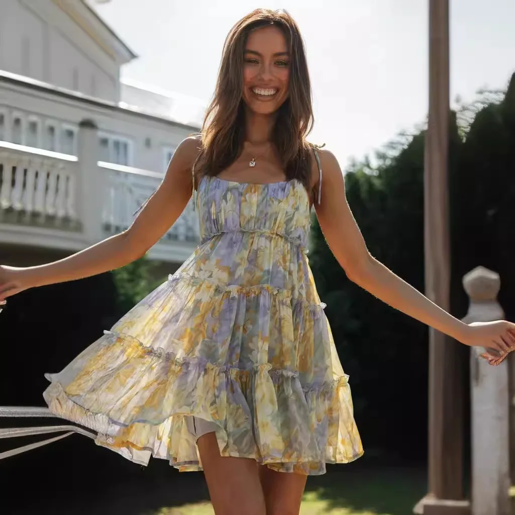 Abito vintage con stampa floreale con scollo a V e cinturino per spaghetti Abito estivo da donna Boho Casual Beach Dress Abiti corti midi slim senza schienale sexy