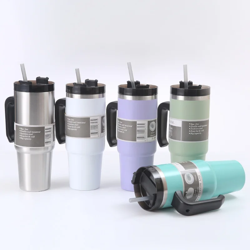 كوب معزول للسيارة مفرغ، مقبض كوب محمول خارجي مع قش، سعة كبيرة طبقة مزدوجة 2. ح 30 أوقية