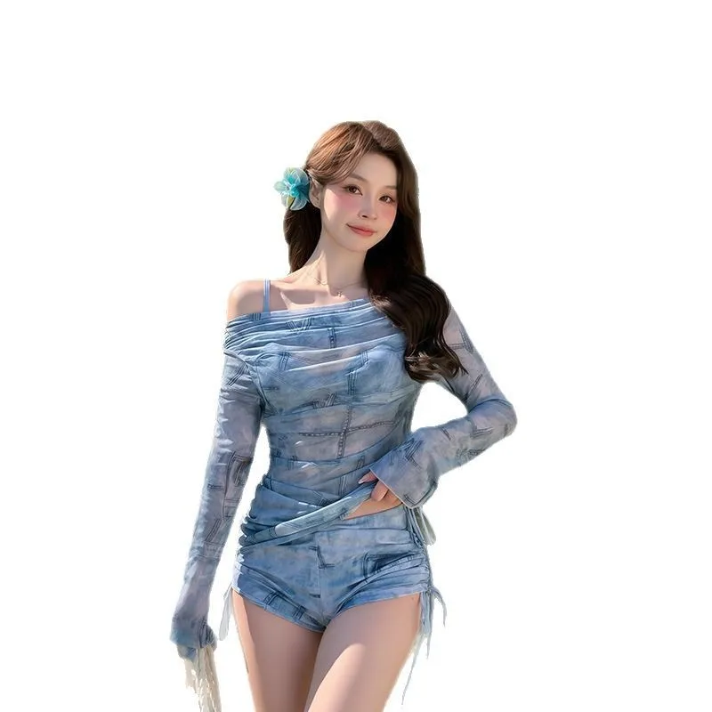 Long Sleeved Three Piece Bikini Split Swimsuit for Women, Slimming and Concealing, Flat Cornered Spicy Girl Style Swimsuit