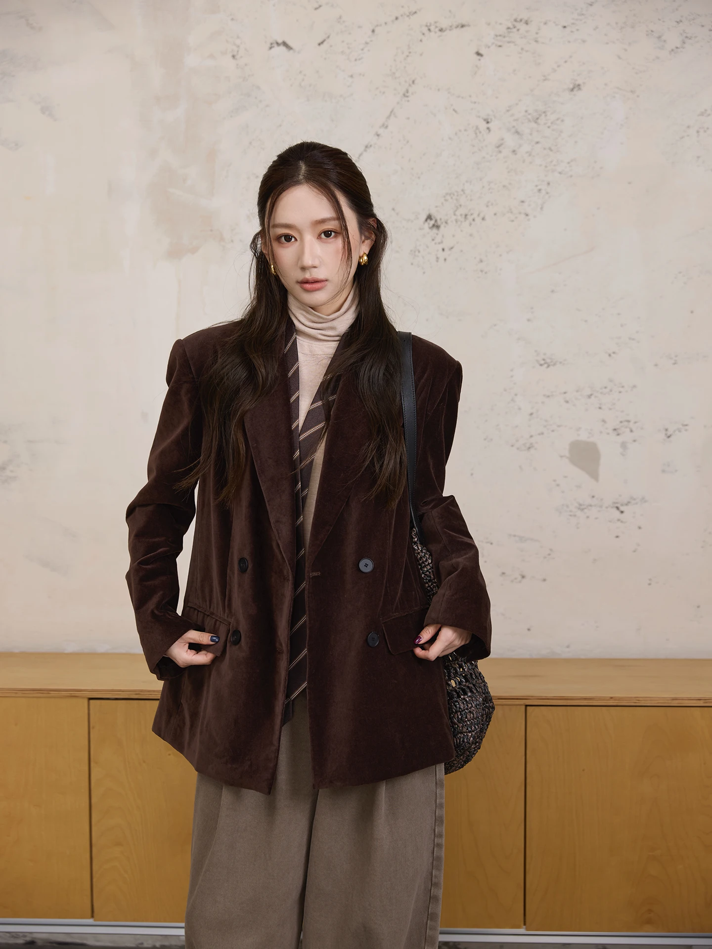 

Camelux Velvet Suit Casual Sle Loose Fit Women's Jaet High-End Crtsmanip Long Sve Warm Office Wear Velvet Coat