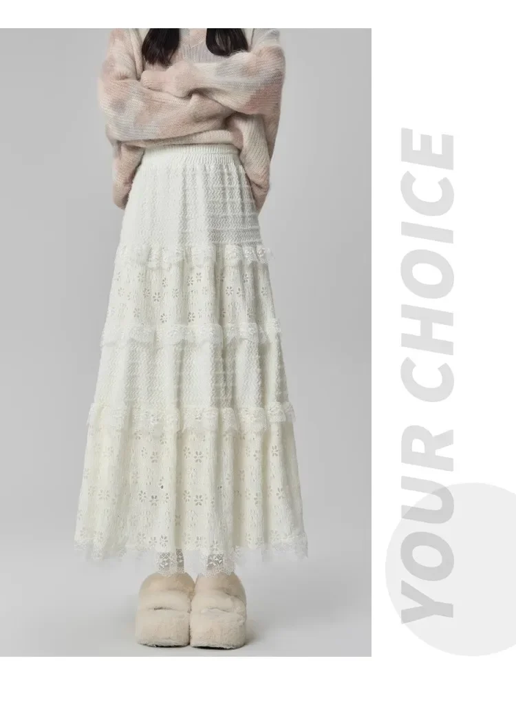 Gentle Wind High Waist A-Line Lace Splicing Long Skirt Women's Fairy Tale Cake Skirt Mid-Length Midi Skirt for Autumn Winter