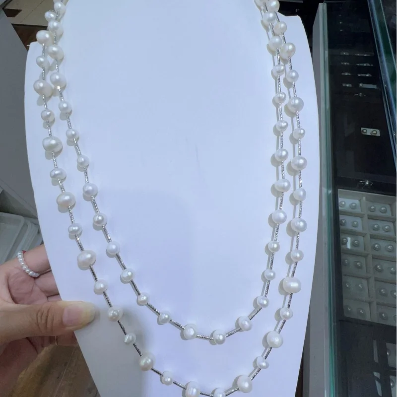 

Fashion Trendy Starry Sky Pearl Necklace, Double Layer Stacking Style, Natural White Pearl 6-10mm, Length 65-7mm