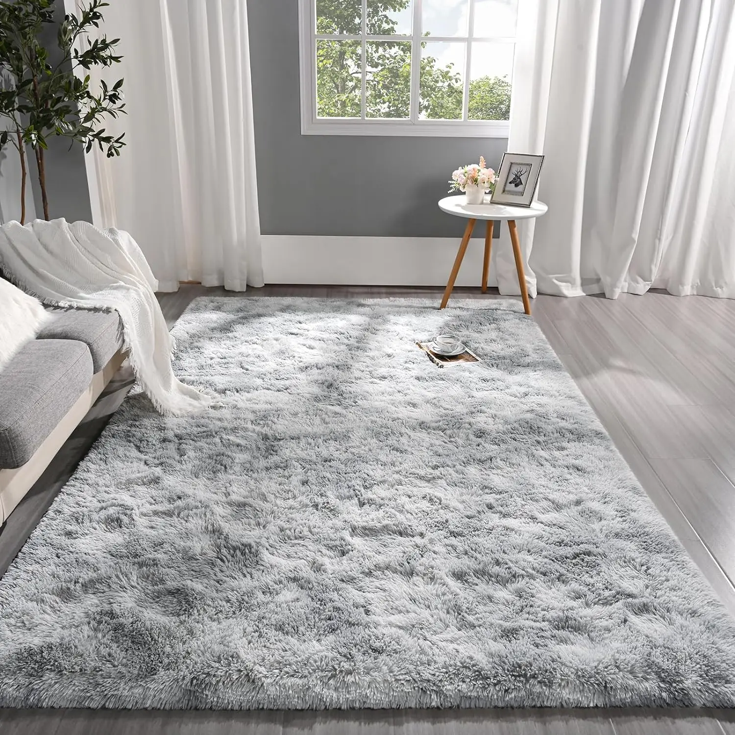 Fluffy Tie-Dye Light Grey Rug for Living Room Ultra Soft Area Rugs Super Soft Plush Area Rug Indoor Carpet for Kids Nursery Home