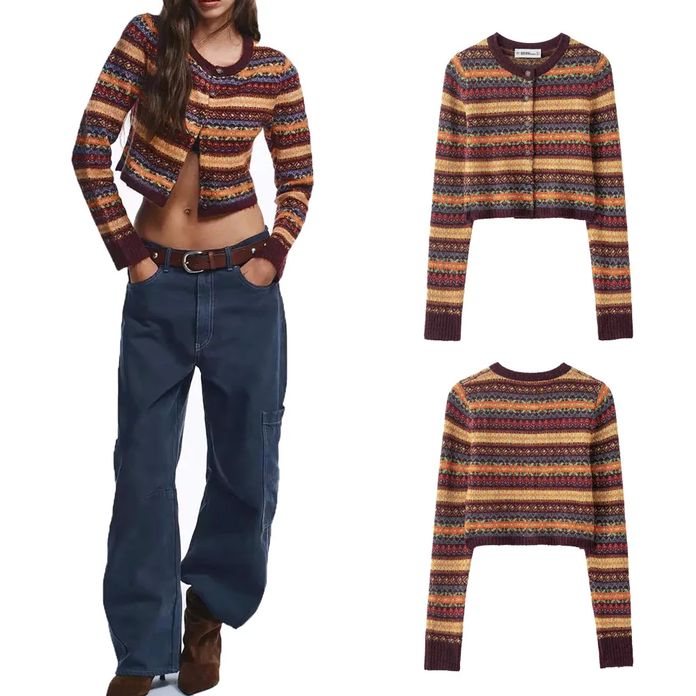 

PRINTKAOIR Casual Vintage Stripes Aesthetic Knitwear Woman Y2K Long Sleeve Tops Cute Clothing Fashion Chic Short Sweater