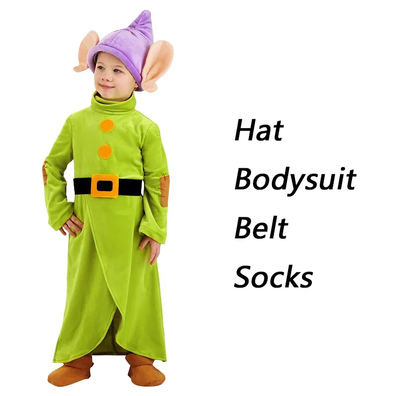 Kids Dopey kostuums Halloween kostuum Sneeuwwitje en de zeven dwergen Cosplay Dopey jongens kind bodysuit hoed pak Halloween kostuum