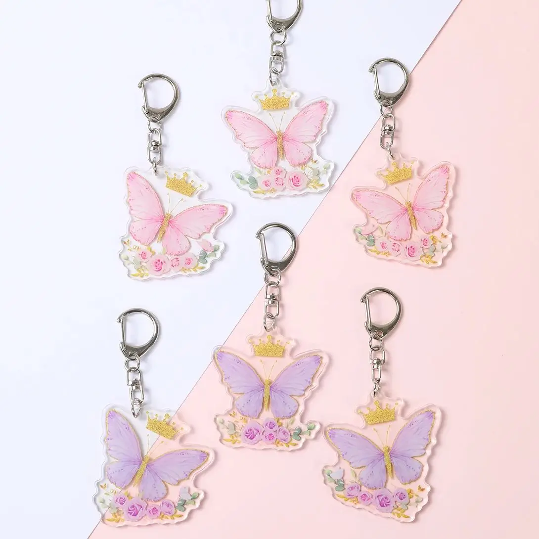 Pink Butterfly Acrylic Pendant Girls Birthday Party Gifts Decoration Purple Butterfly Wedding Birthday Key Chain Favors