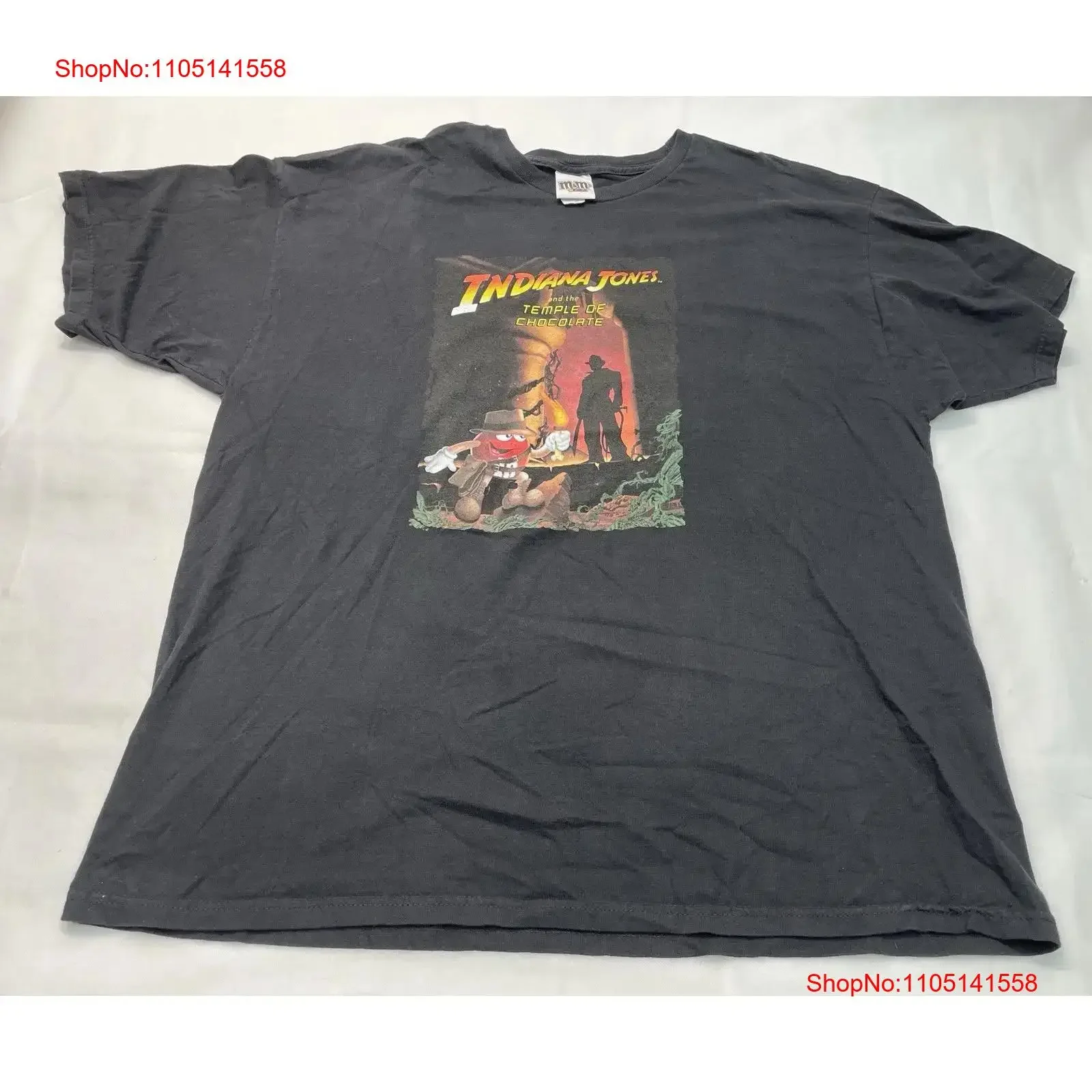 Indiana Jones camiseta el templo del chocolate M 08' Promo negro talla 2XL vintage lavado moda elegante gráfico homme ligeramente