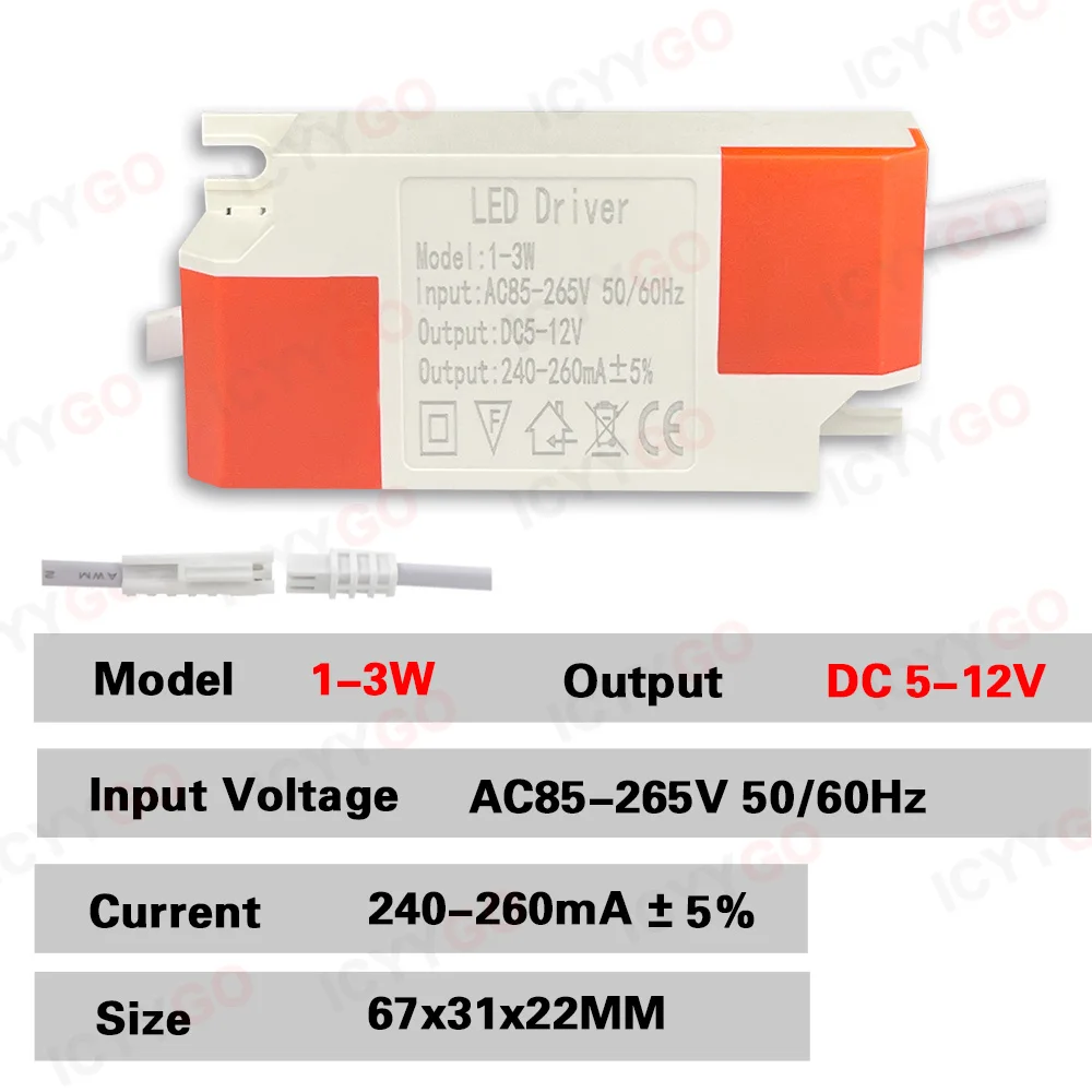 Controlador LED 240-260mA 1-3W 3-5W 4-7W 8-12W 12-18W 18-24W Unidad de fuente de alimentación LED AC85-265V Transformador de iluminación LED Carcasa