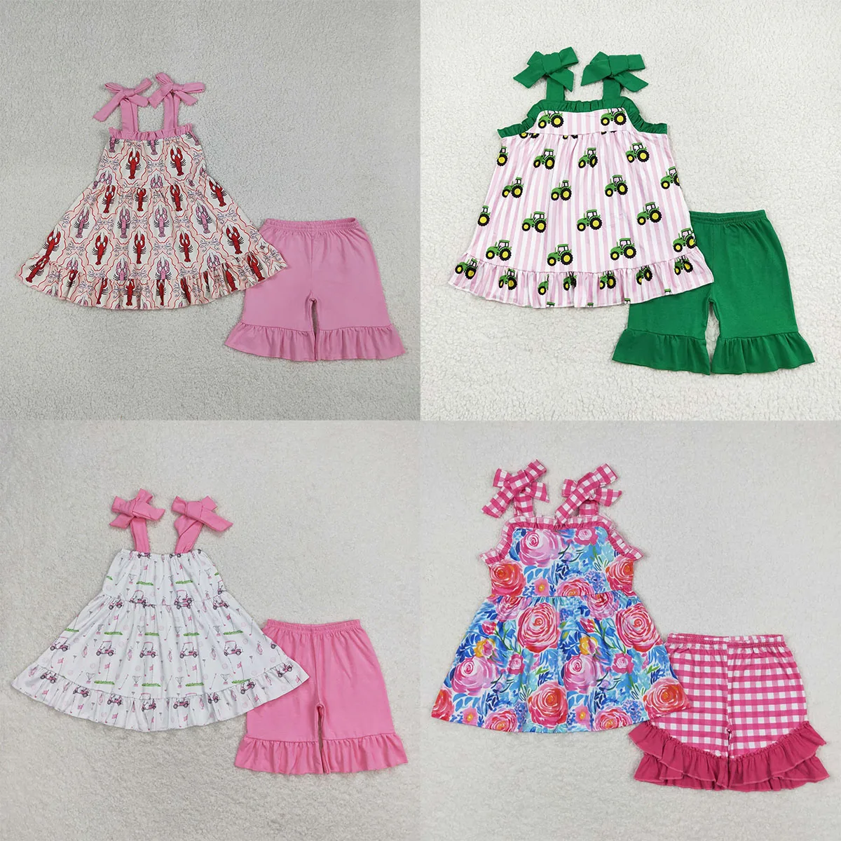 Kids Comfy Baby Girl Strap Bows Crayfishes Checked TunicTops Ruffle Shorts Clothes Sets Boutique Fashion Clothing Wholesale