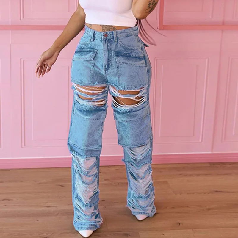 

BKLD Clothes For Women Fashion Pocket Stitching Hollow Out Holes Beggar Style Streetwear Casual Straight High Waist Jeans Pants