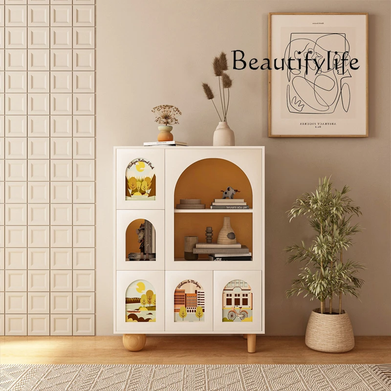 

Cream wind solid wood bedside table living room storage locker painted multi-functional integrated storage bedroom decoration