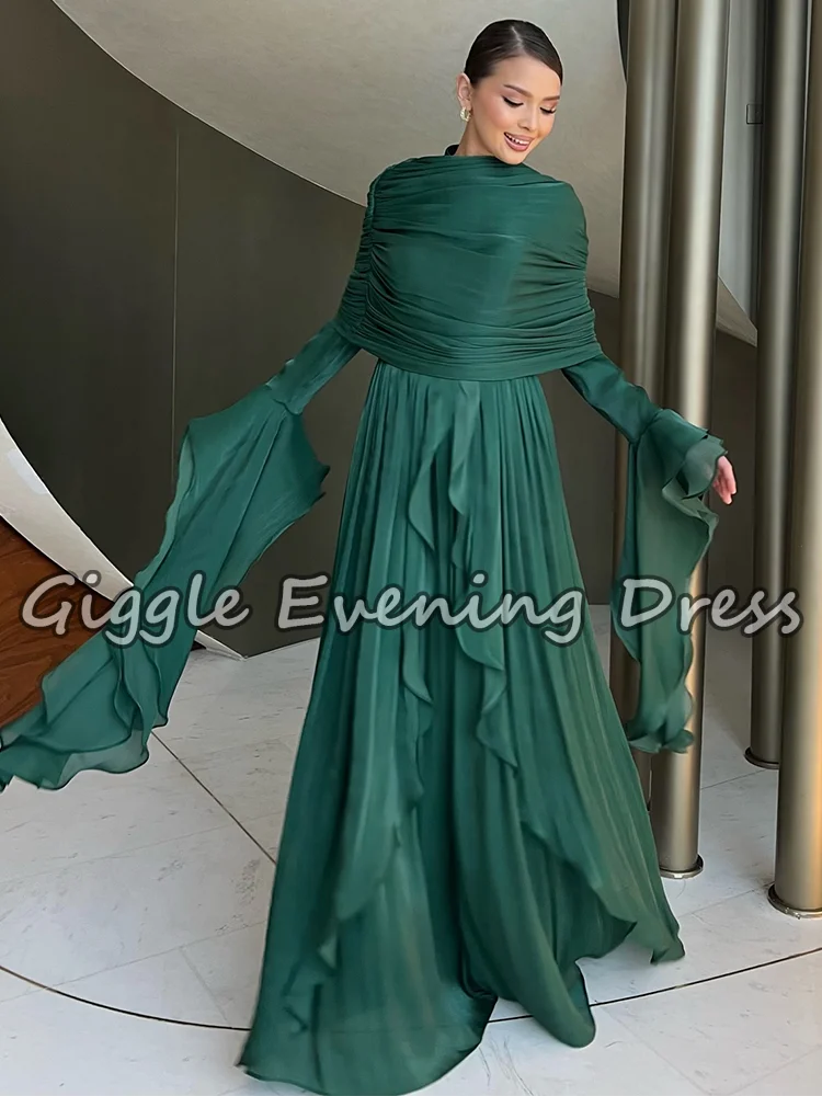Robe de soirée à volants en mousseline de soie vert Giggle, ligne a drapée, manches longues, robe de soirée musulmane, robes de bal arabes saoudiennes personnalisées