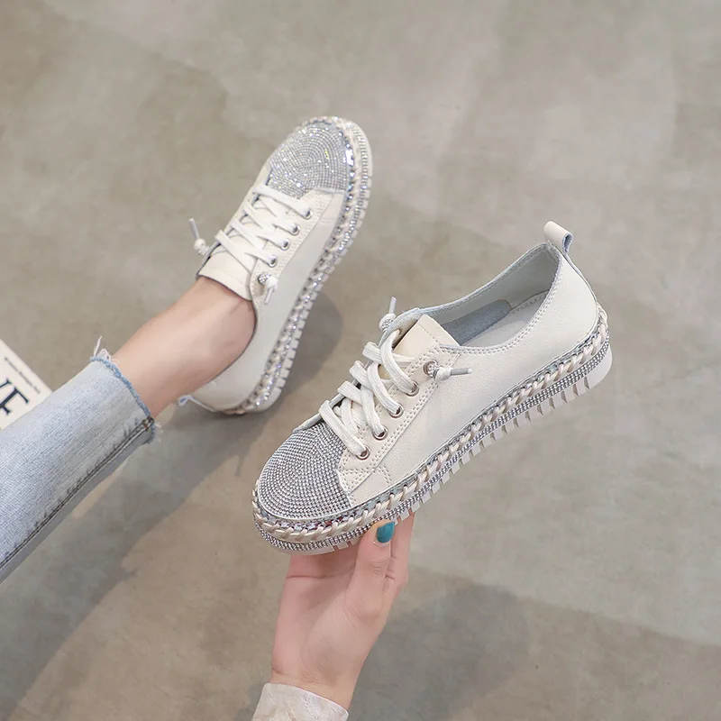 

Korean Style Water Diamond Thick Bottom Real Leather Lazy Shoes Women's Platform Slip-On Casual Shoes Trendy Flat Heel