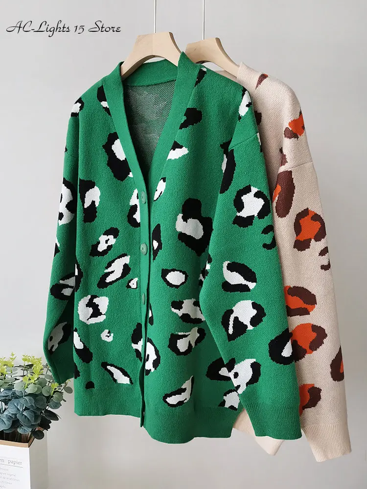 Winter Green Leopard Print Cardigan for Women Lazy Oversize Jacket with Buttons Loose Thick Warm Knitted Cardigan Women 2023 New