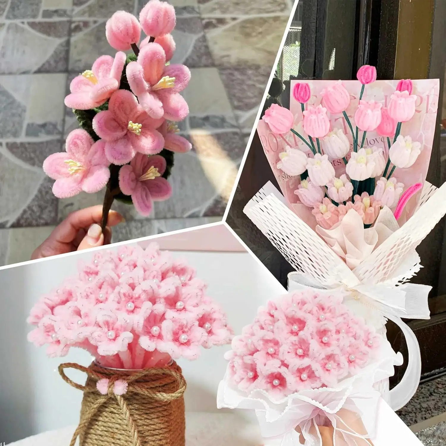 472 Pipe Cleaners Flowers Set, Mixed Colors Chenille Stems Bulk with Floral Wires, Gardening Tape, Stamen，Tutorial card view 5
