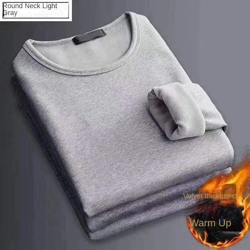 2 Stück Herren-Unterwäsche Winter Langarm-Thermo-Unterwäsche Plus Samt Gepolstertes T-Shirt O-Ausschnitt Einfarbiges Schlankes Unterhemd – Detail 7