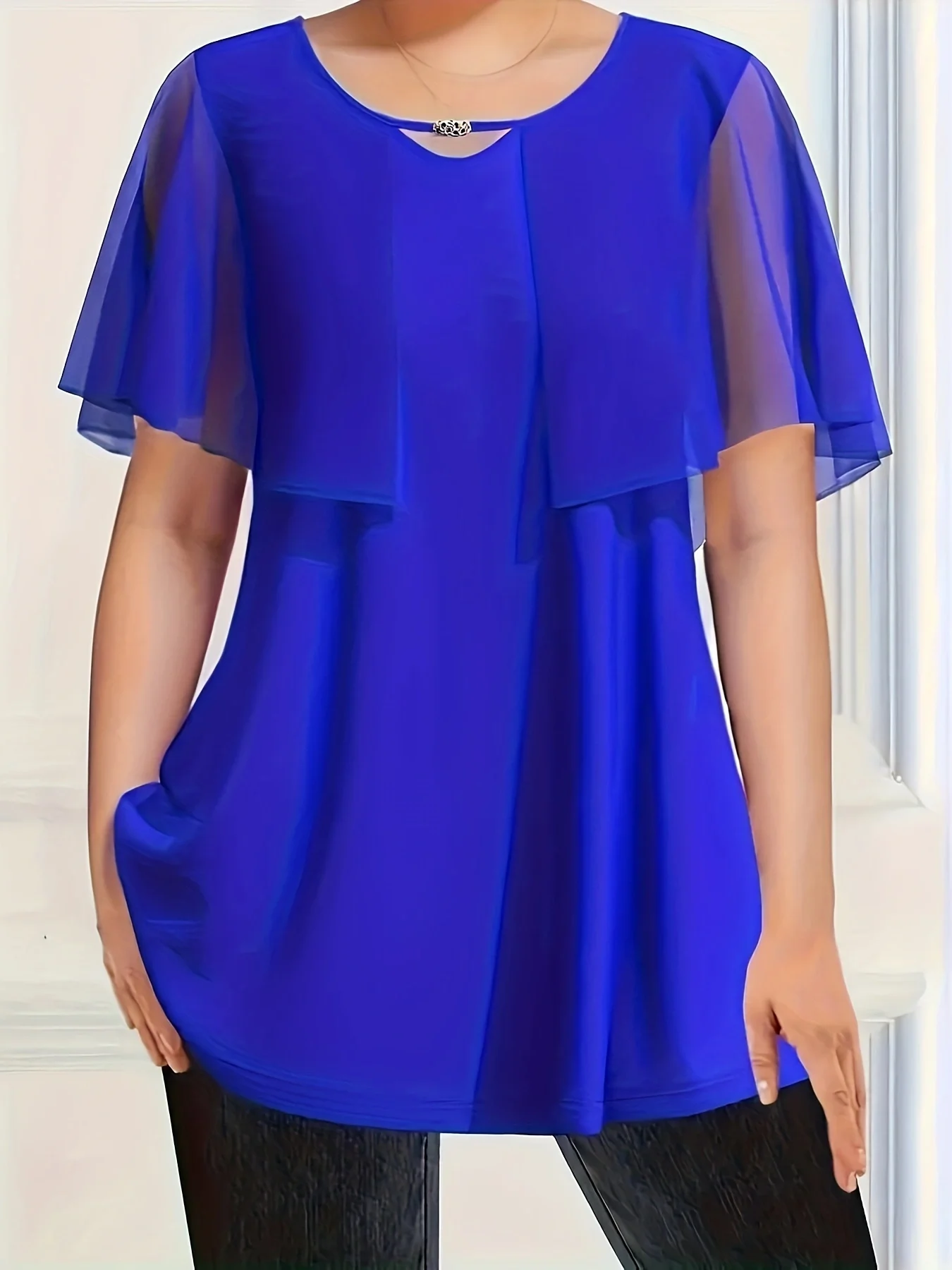 Women Chiffon Cape Sleeve Blouse Round Neck Metal Decor Keyhole Front Top Pockets Elegant Casual Office Shirts For Ladies