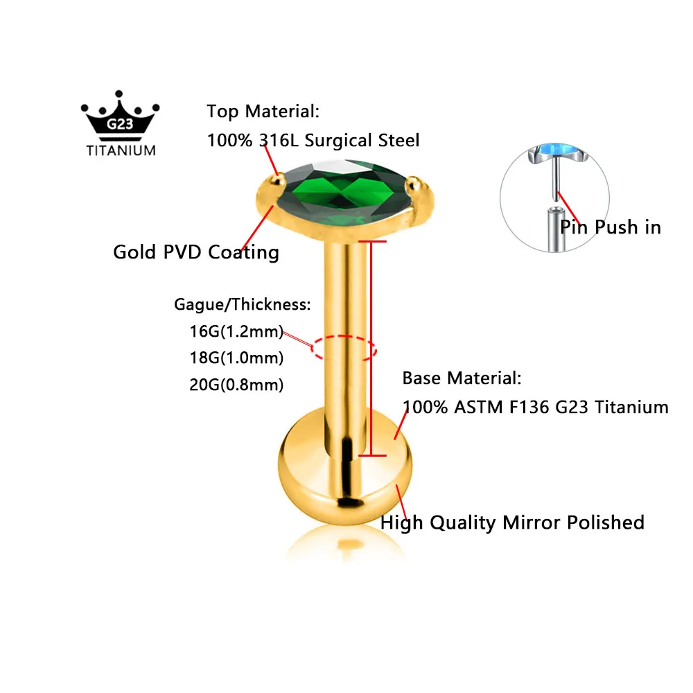 ASTM F136 G23 Titanium Marquise CZ Threadless Piercing Pin Push in Lip Stud Daith Conch Tragus Flat Back Earring 16G 18G 20G