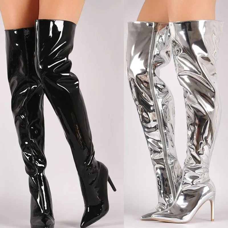 Fashionable Silver High Heel Knee High Boots for Women Large Size over Knee Length PU Leather round Toe Zipper Closure Rubber...