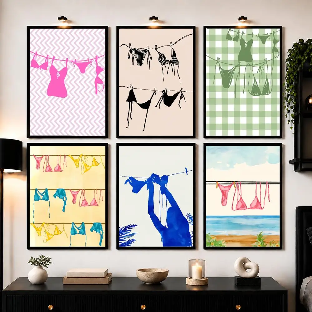 Bikini On Clothesline Art Poster Wall Art Sticker For Living Room Bedroom Bar Home Decor Mural Painting Decoration