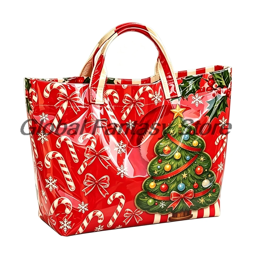 Candy Cane Print Christmas Tote Bag Large Waterproof PVC Handbag Holiday Gift Shopping Bags Women Casual Shoulder Bag