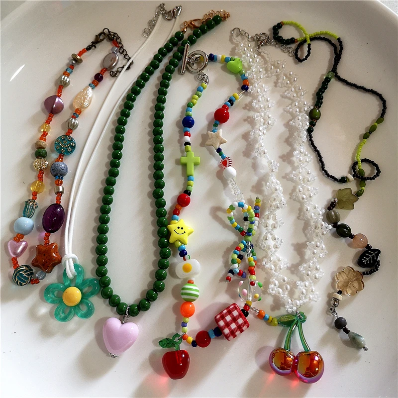 Kpop Boho Colorful Cherry Heart Star Pendant Peart Choker Necklace For Women Sweet Aesthetic Y2K Harajuku Jewelry Accessories