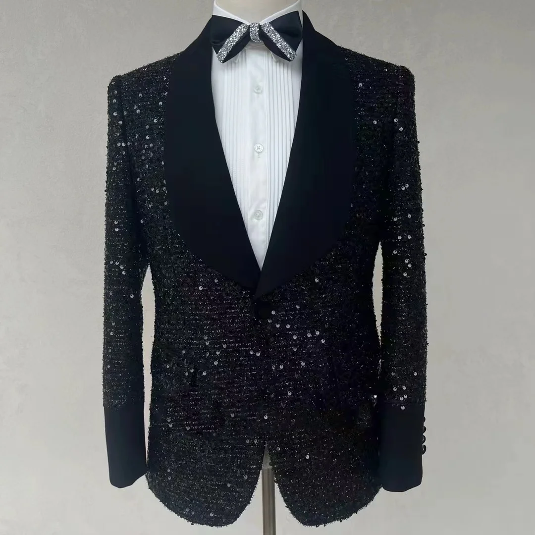 

Custom Latest Design Shiny black Wedding Suits Men sequin Formal Blazer Party performance costume Fashion model runway clothing