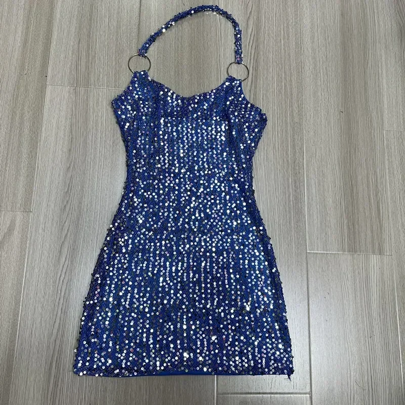 Women's Sexy Mini Skirt with Sequins Hanging Neck Design Ultra-Short Fashion Performance Nightclub Dress