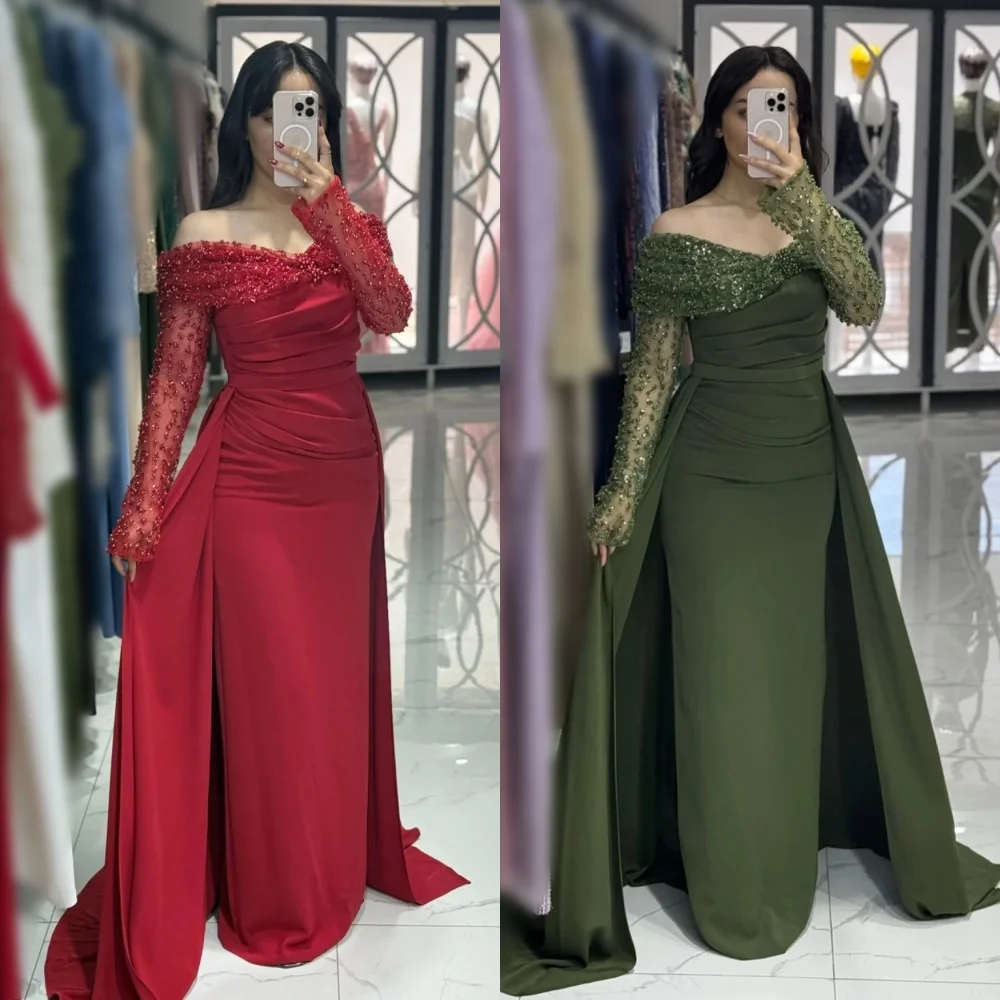 

Прямые длинные платья из джерси с бисером и открытыми плечами по индивидуальному заказу для женщин, вечернее платье на заказ