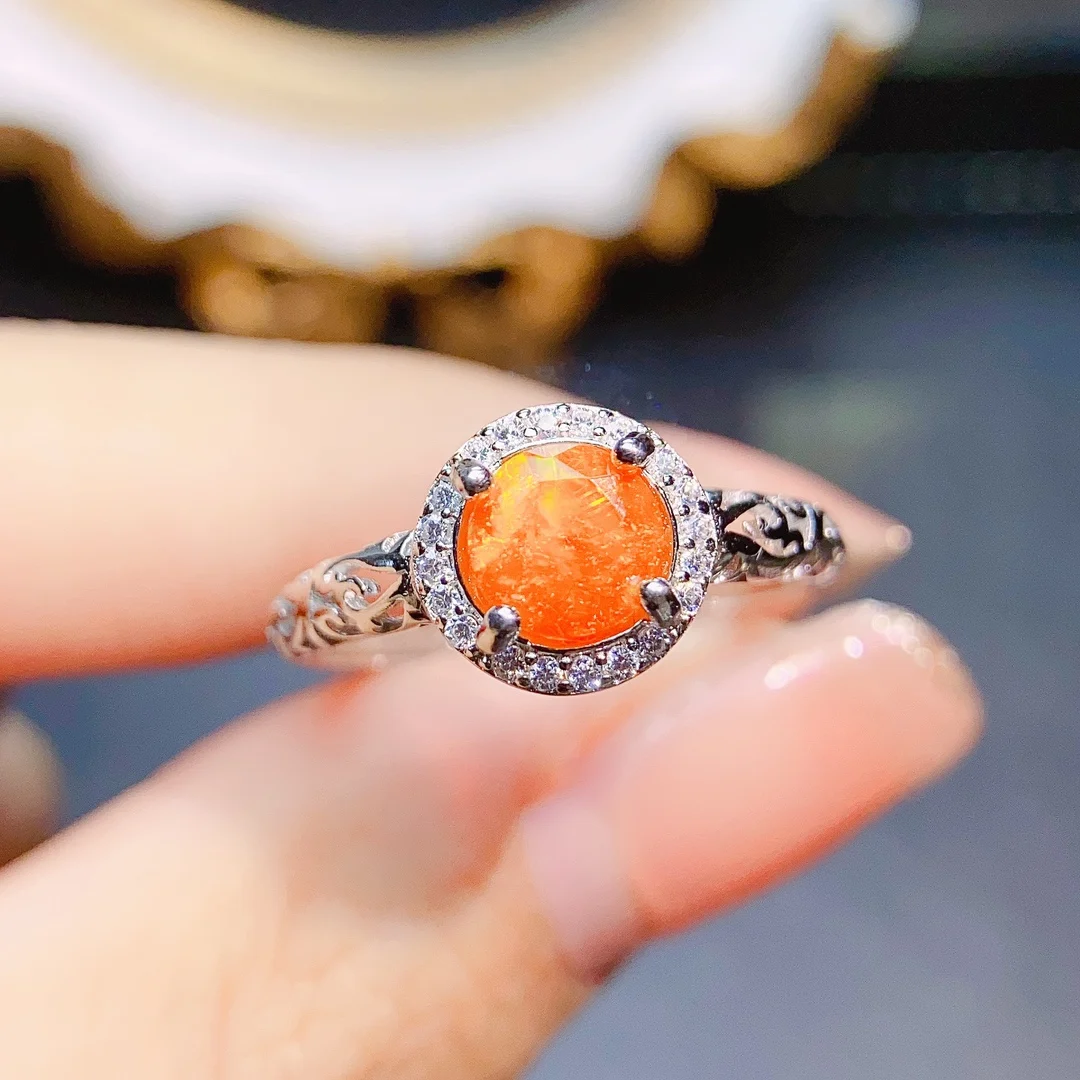 

Vintage Natural Round Cut Orange Opal Engagement Ring 925 Sterling Silver Opal Halo Promise Rings For Gift