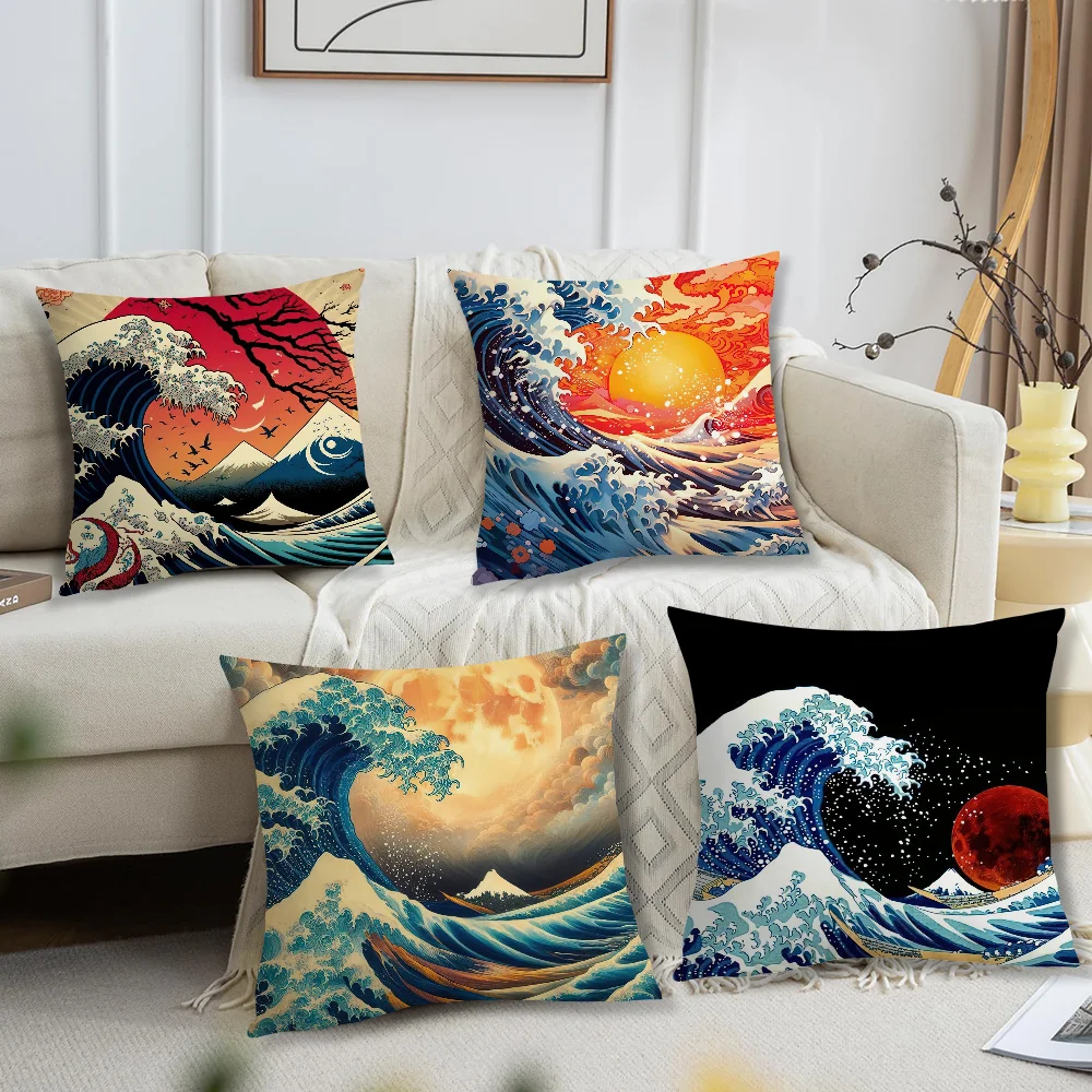 Art The Great Wave landscape Pillow Case Living Room Accent Couch Back Support Square Lounge Restful Nap Companion ﻿