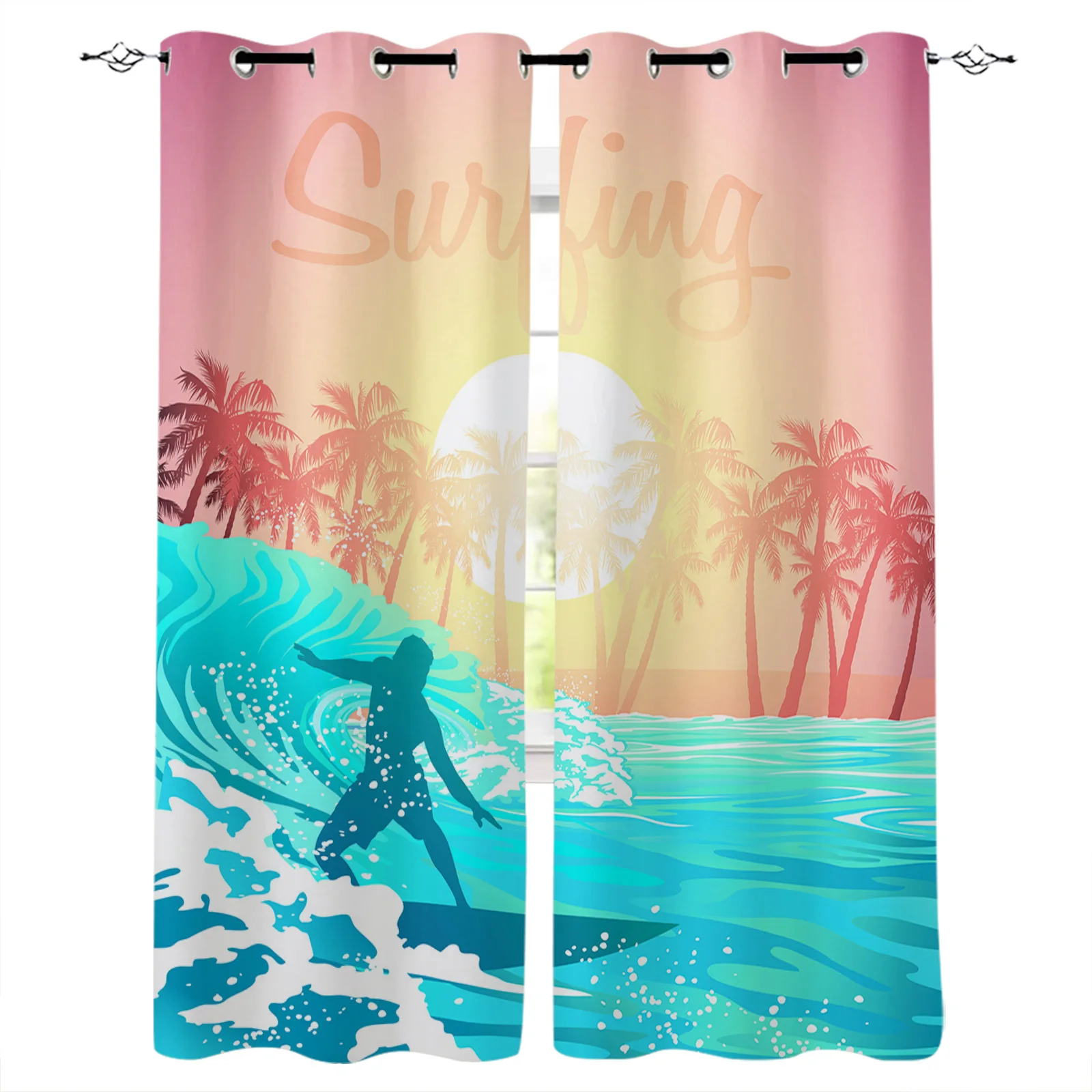 Surfing Waves Sunset Coconut Trees Window Screen Printed Design Office Indoor Window Curtains Kitchen Curtain Home Drapes