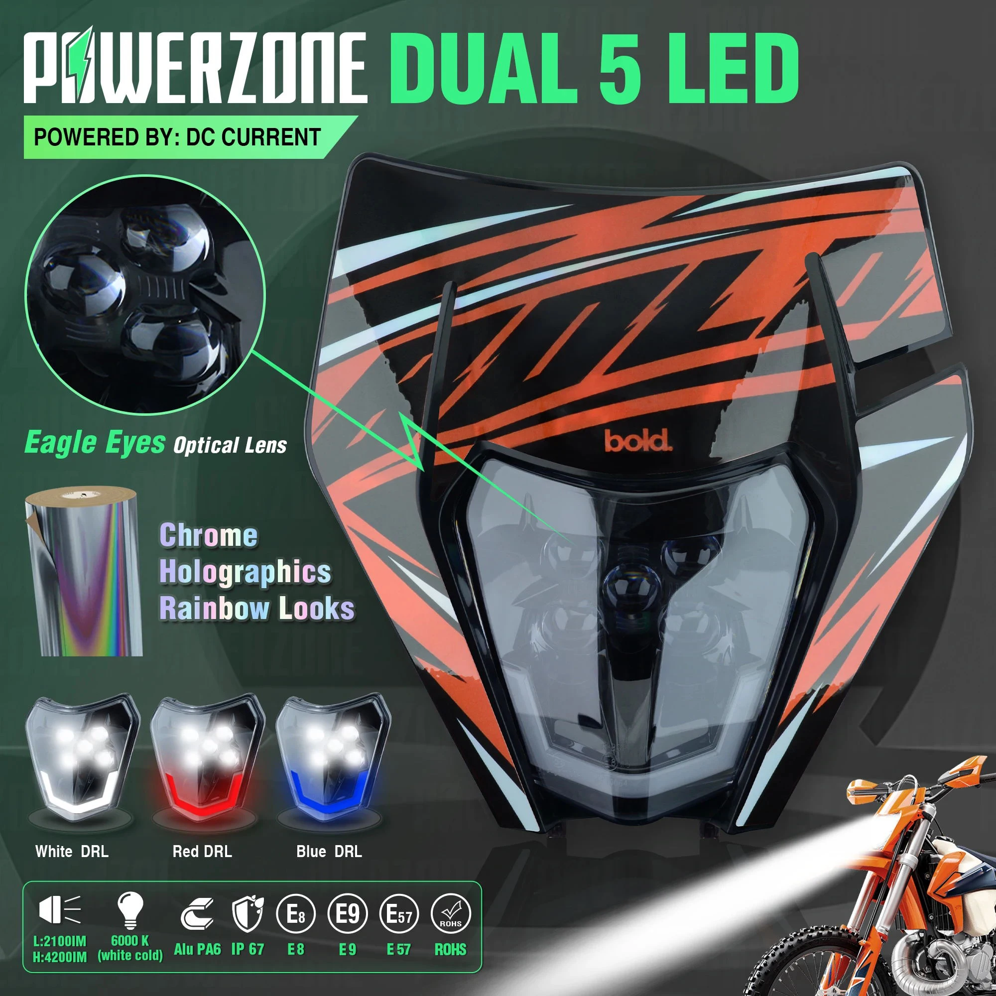 PowerZone Motorcycle  Headlight Headlamp Head Light Supermoto Fairing For KTM EXC SXF MX Dirt Bike Enduro  Headlight