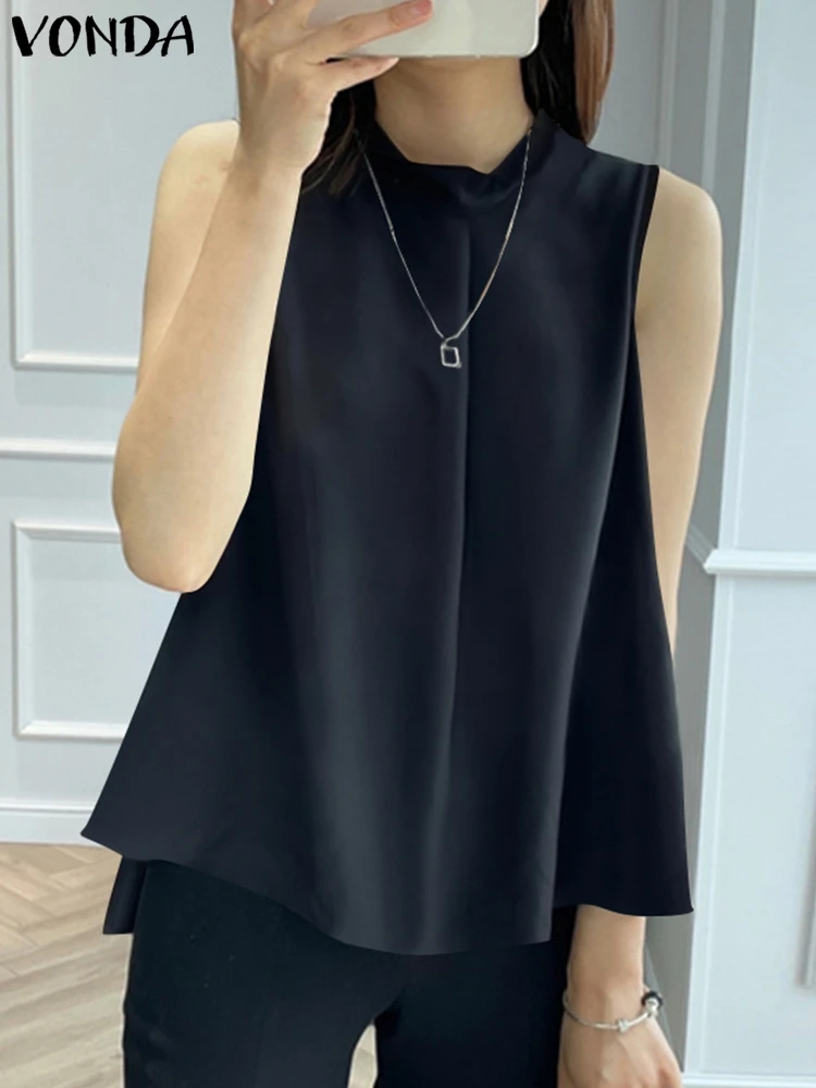 VONDA Elegant Office Shirts 2024 Summer Sexy Sleeveless Women Tops Fashion Crew Neck Blouse Casual Pleated Tank Tops Blusas