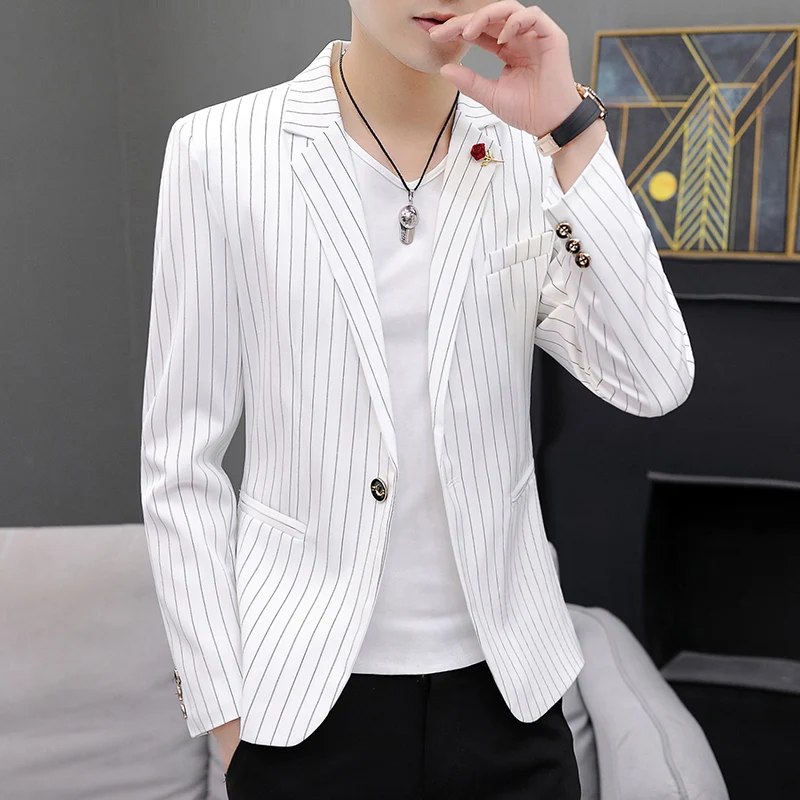 

Мужская приталенная куртка в полоску, корейский стиль, повседневная, модная, для парикмахеров, весенне-осенняя верхняя одежда, трендовый топ